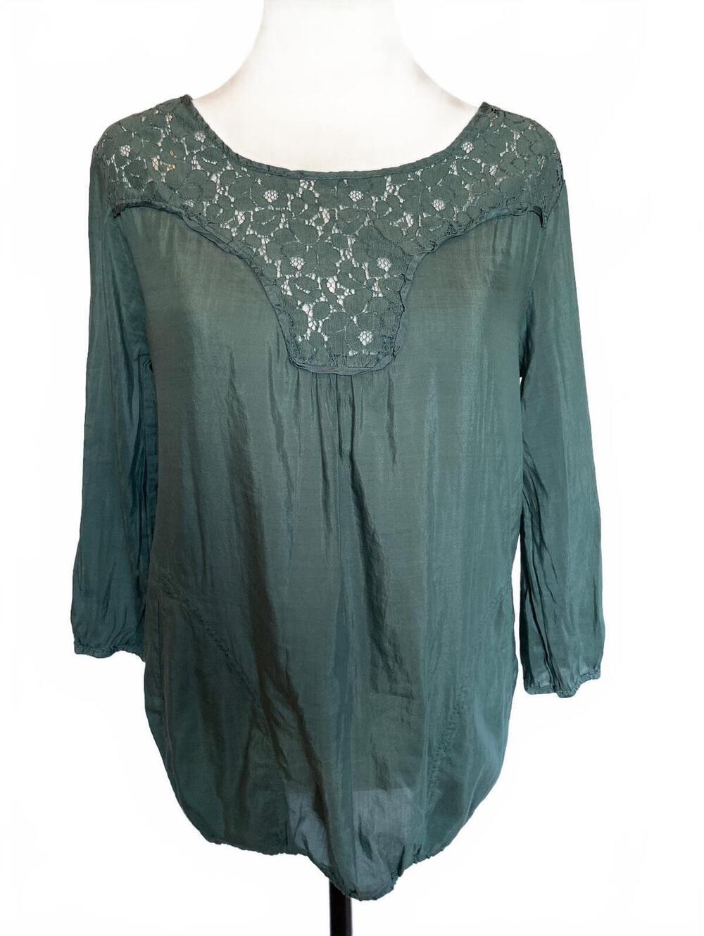 Teal Green Cotton Silk Lace Peasant Blouse M Romantic Boho Forest Fairy Ethereal